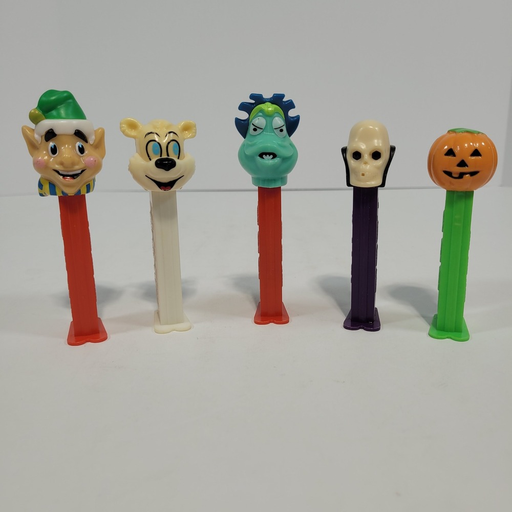 Vintage PEZ Dispensers Lot of 5 Elf Bear Monster Skull Jack-O-Lantern Holiday